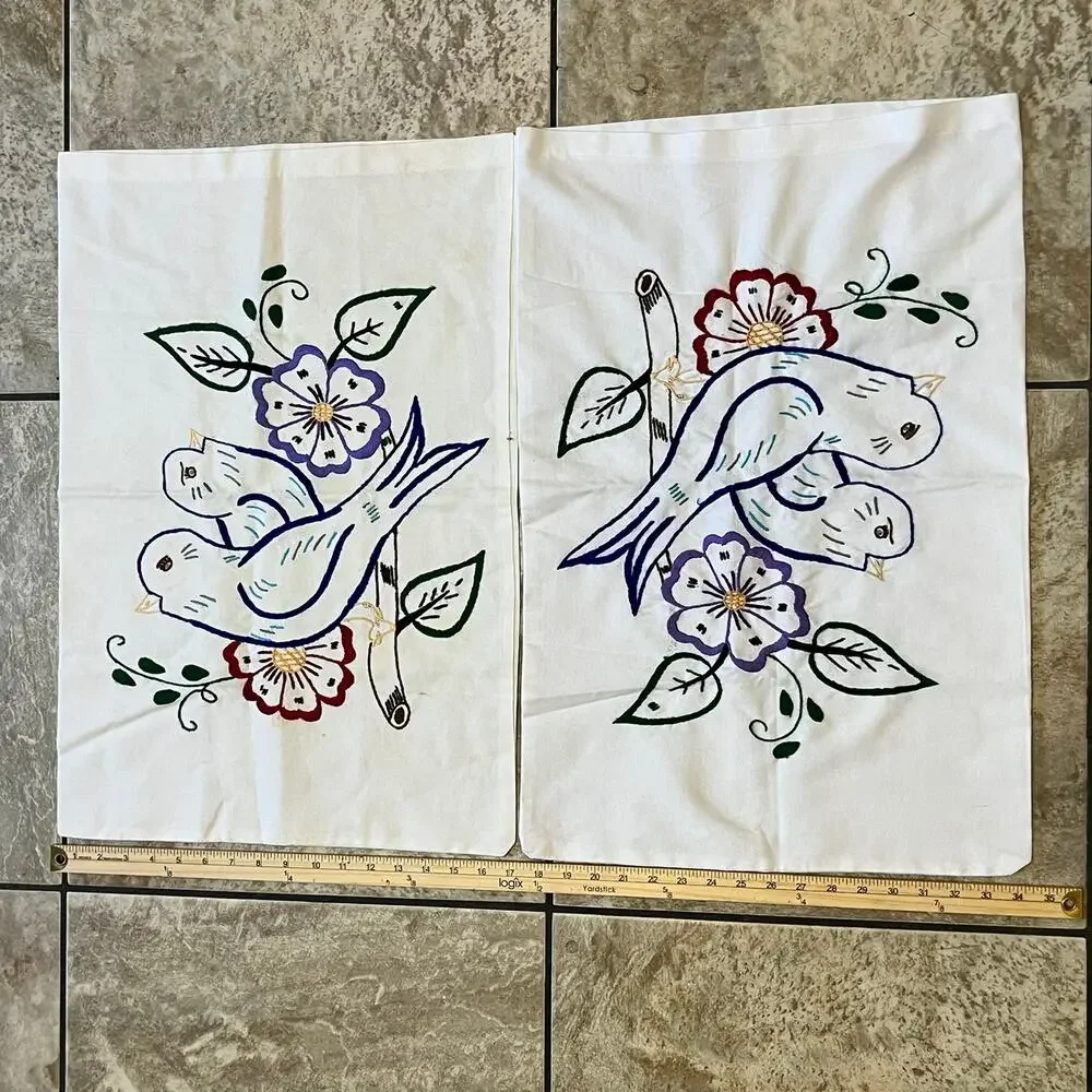 Vintage Pillowcases Pair Embroidered Bluebirds Floral Folk Art Cottagecore